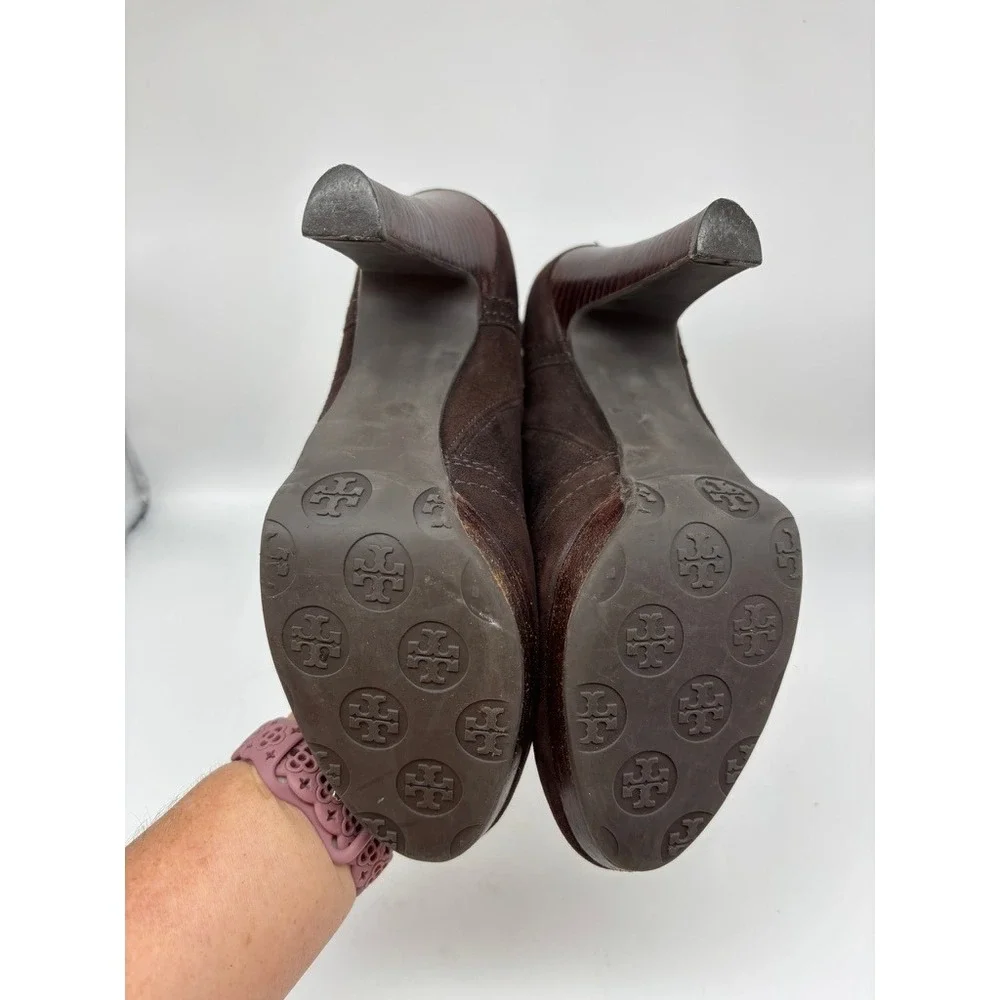 Tory Burch Ankle Boots Women‎ 6.5 Brown Suede Melrose Buckle Logo Back Zip Heel